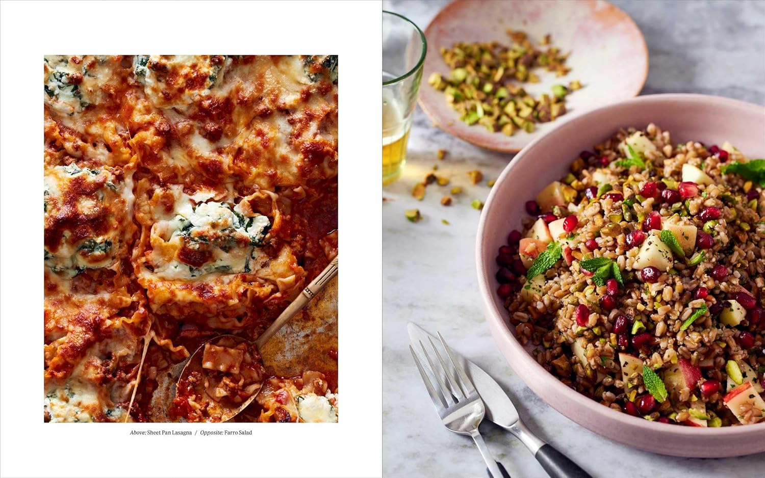 A partly served cheesy spinach lasagna sits in a baking dish, next to a grain salad with apples, pomegranate seeds, herbs, and chopped pistachios—from “You Got This” by Simon & Schuster Inc.
