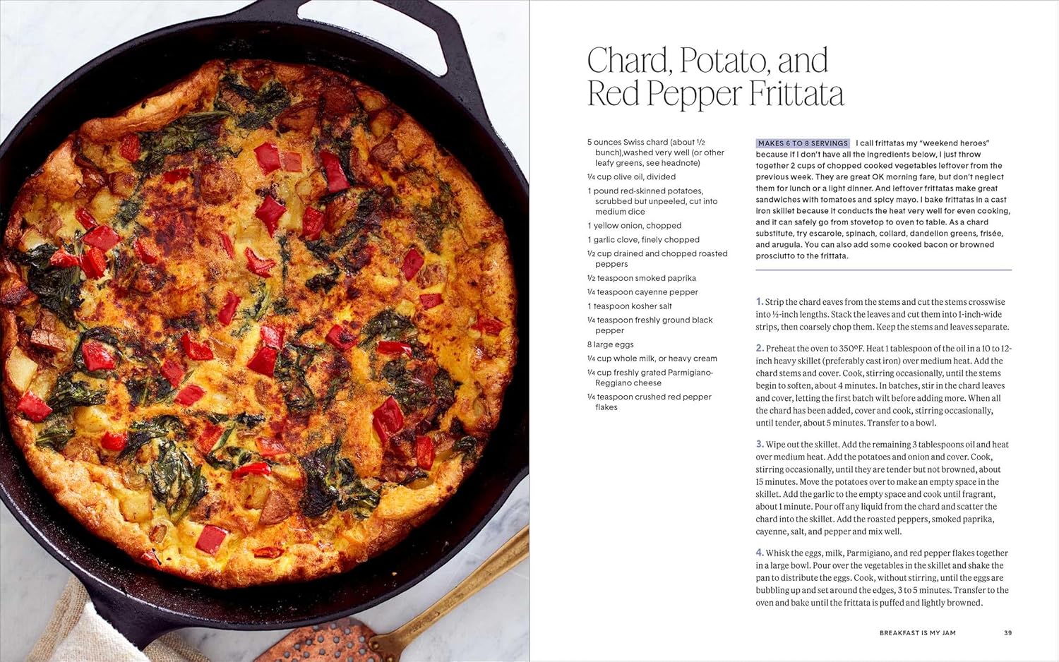 The "You Got This" cookbook from Simon & Schuster Inc. features an easy chard, potato, and red pepper frittata in a black cast-iron skillet with colorful toppings—ideal for home cooks. Recipe text appears on the right beside a wooden spoon on white.