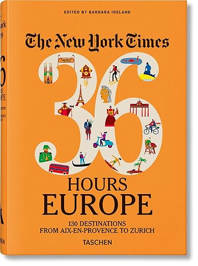 Cover of "New York Times 36 Hours Europe" by Ingram Book Company, with an orange backdrop. It features illustrations of European landmarks inside the number 36, highlighting travel itineraries. Text below reads "130 Destinations from Aix-en-Provence to Zurich.