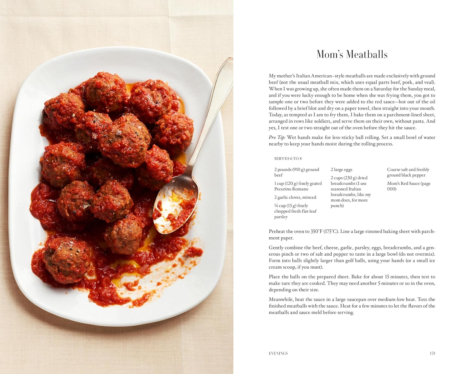 A white oval plate with meatballs in tomato sauce and herbs sits on a white surface next to a page from Hachette Book Group’s "A Man & His Kitchen," featuring "Mom’s Meatballs" with simple recipes and clear instructions.