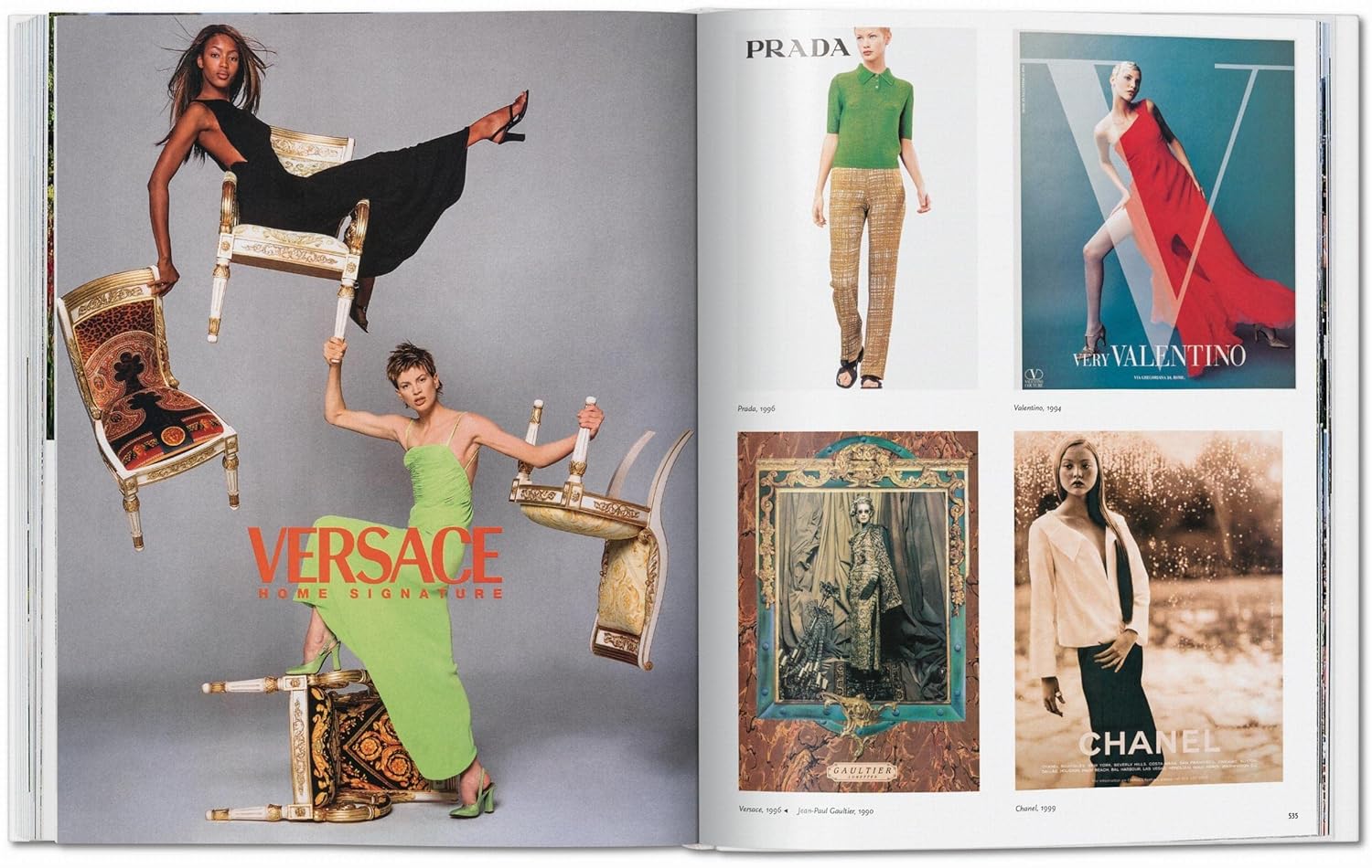 Left: Two models pose with ornate chairs—one in a black dress, the other in a green gown. Right: Four high-fashion luxury ads appear. From "All American Ads of the 90s" by Ingram Book Company.