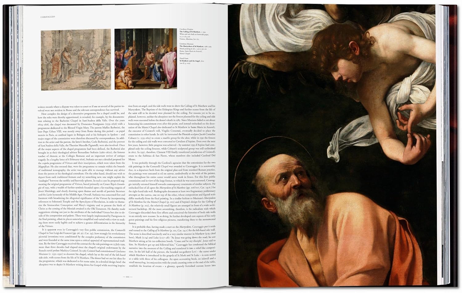 An open copy of "Caravaggio. The Complete Works" by Ingram Book Company shows a catalogue-­style left page with text and images, and a right page close-up of a bearded man looking up at an angel.