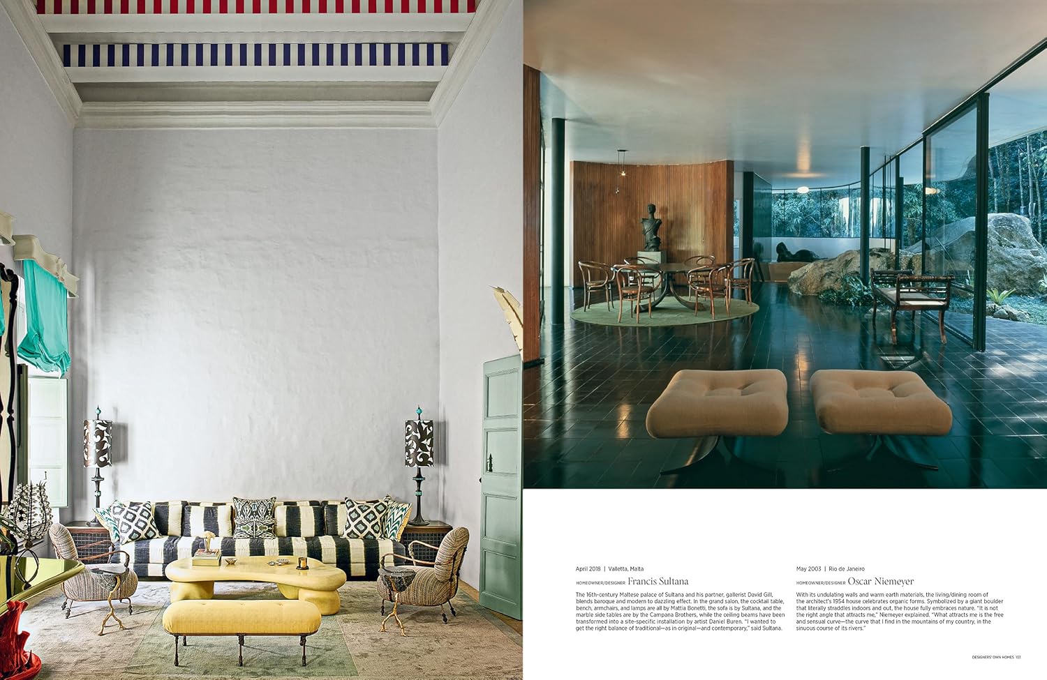 Inspired by Hachette Book Group’s "Architectural Digest at 100," this living room features patterned sofas and yellow ottomans alongside a modern glass-walled space, capturing the elegant style of celebrity homes.