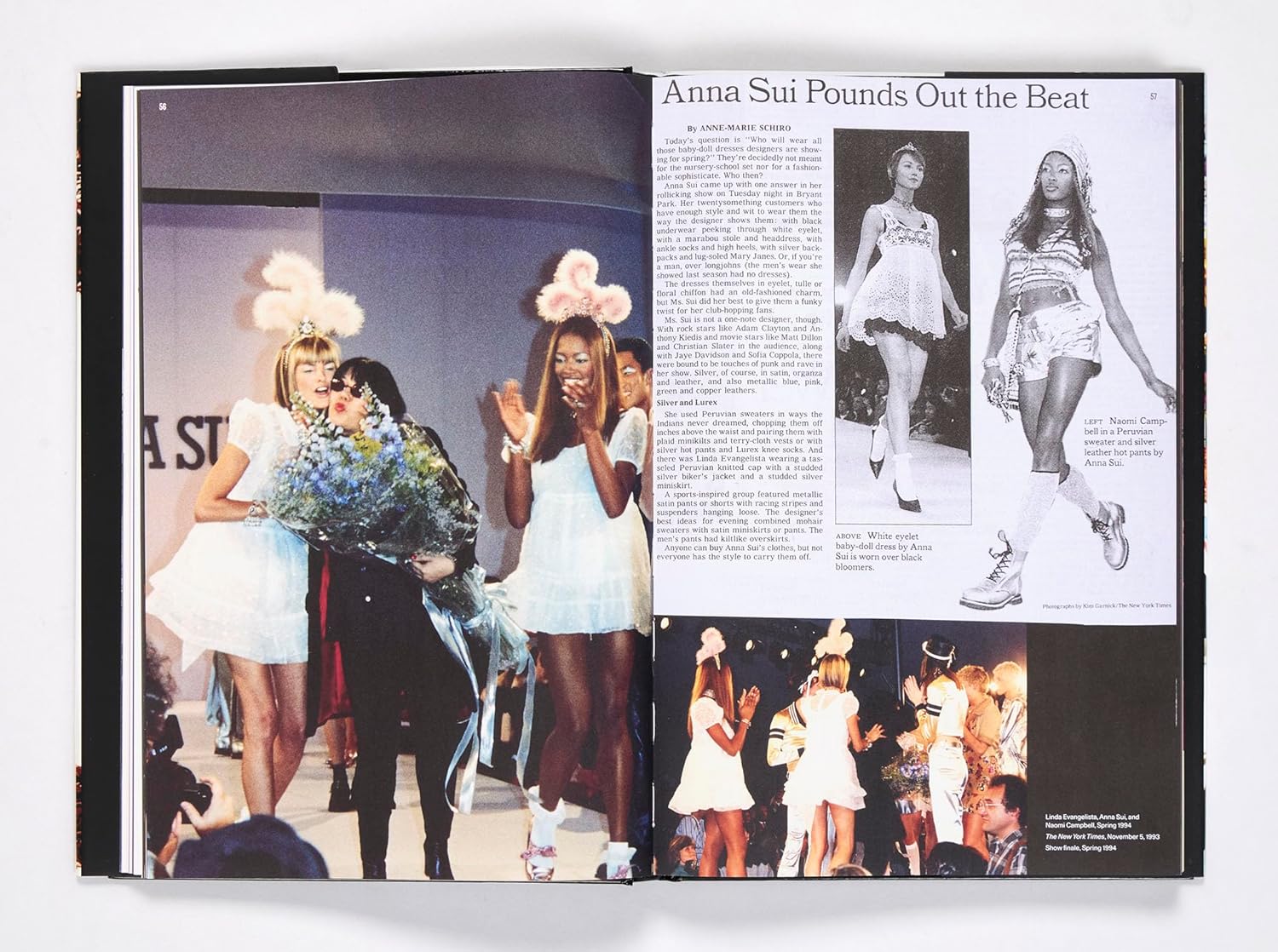A fashion magazine spread shows models in white baby-doll dresses with angel wings on the runway. The right page features an article about Nineties X Anna Sui by Random House, highlighting ’90s-inspired fashion and runway photos.