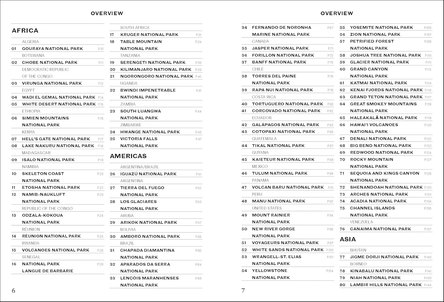 A two-page spread from Simon & Schuster Inc.’s "150 National Parks You Need" lists parks by continent with numbers: Africa and Americas on page 6, Europe and Asia plus some repeats on page 7.
