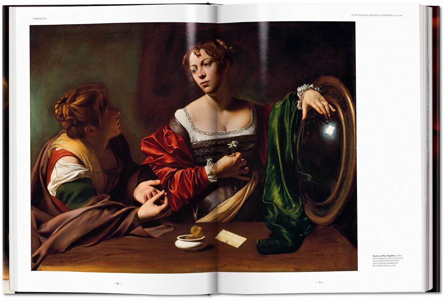 A page from "Caravaggio. The Complete Works" by Ingram Book Company displays two women at a table—one gesturing passionately, the other holding a mirror—bathed in dramatic light amid rich fabrics and muted colors.