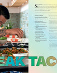 A chef garnishes steak tacos in a kitchen, echoing The Chef Show. Opposite page displays a vibrant "STEAK TACOS" title and full recipe from The Choi of Cooking by Random House.