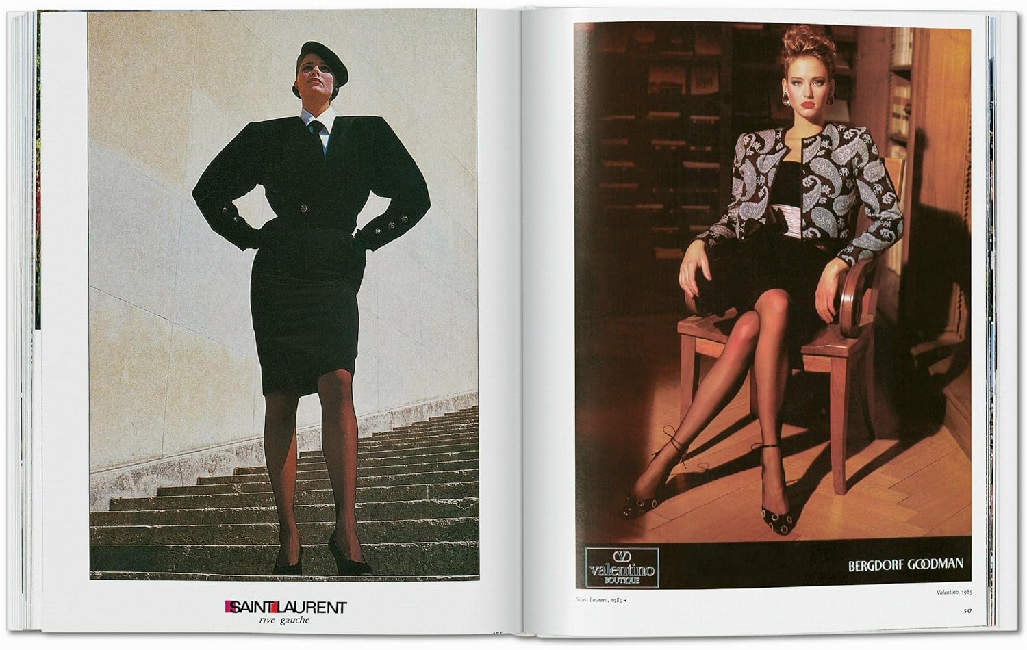 A fashion magazine spread channels 1980s nostalgia, reminiscent of scenes from "All American Ads of the 80s" by Ingram Book Company, as two women model classic black skirt suits with stylish details.