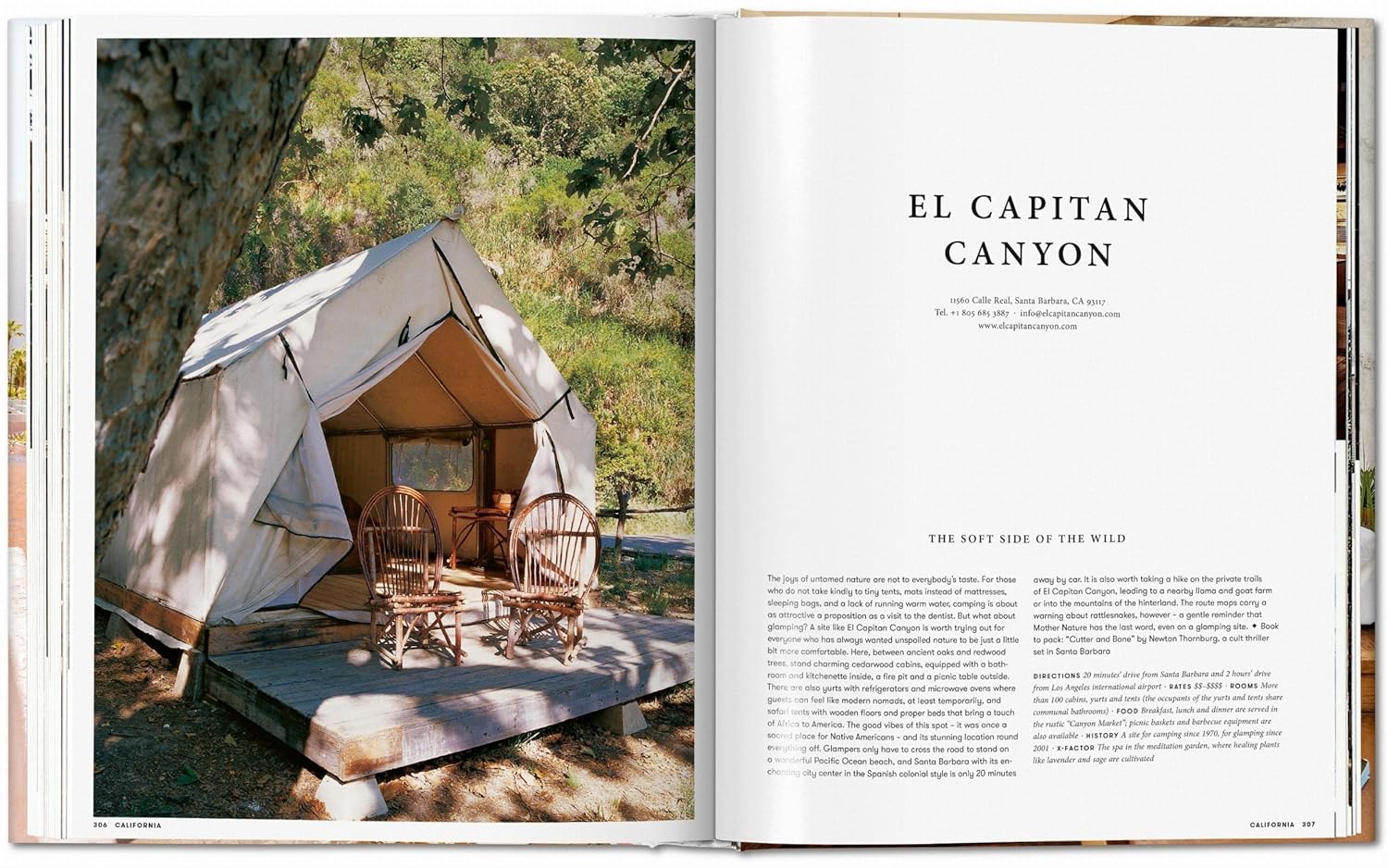 A photo of a canvas tent on a wooden platform with chairs and a table, featured in Great Escapes USA by Ingram Book Company, highlights El Capitan Canyon as one of the remarkable places to stay in the USA.
