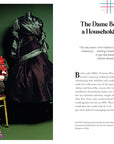 A woman with bright orange hair and patterned stockings sits beside a mannequin in a dark gown. On the right, text about the Ingram Book Company’s "Little Book Of Vivienne Westwood" discusses punk fashion with quotes and an article.