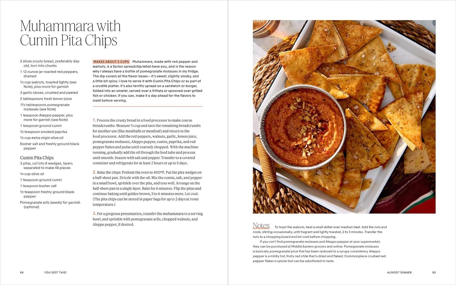 A bowl of Muhammara dip with walnuts and cumin pita chips sits on a woven tray—a flavorful dinner idea. "You Got This" by Simon & Schuster Inc. features the simple recipe and instructions printed on the image’s left side.