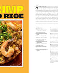 A close-up of shrimp fried rice garnished with green onions and lime sits on a yellow background, alongside healthy recipes and prep tips from The Choi of Cooking by Random House displayed on the right page.