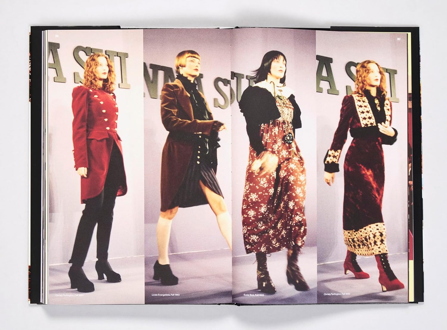 Four models showcase ’90s-inspired looks from "Nineties X Anna Sui" by Random House, featuring tailored jackets, baby-doll dresses, and heeled boots on a runway with bold text recalling Anna Sui’s legendary show style.