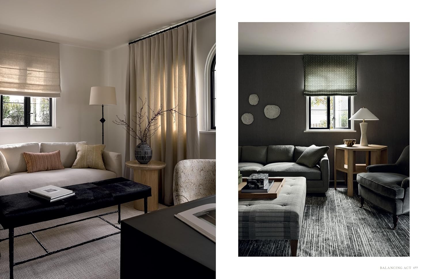 Two modern living rooms with neutral tones reflect thoughtful design inspired by "Outside In" from Gibbs Smith Publisher, featuring a cream sofa, floor lamp, round table, and curtains (left); gray sofa, wooden table, textured wall, and window shade (right).