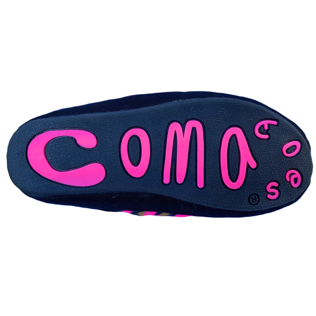 The bottom of a dark-colored lounge slipper by Faire features bright pink, raised letters spelling "Coma Toes" in a playful, irregular font on the sole.