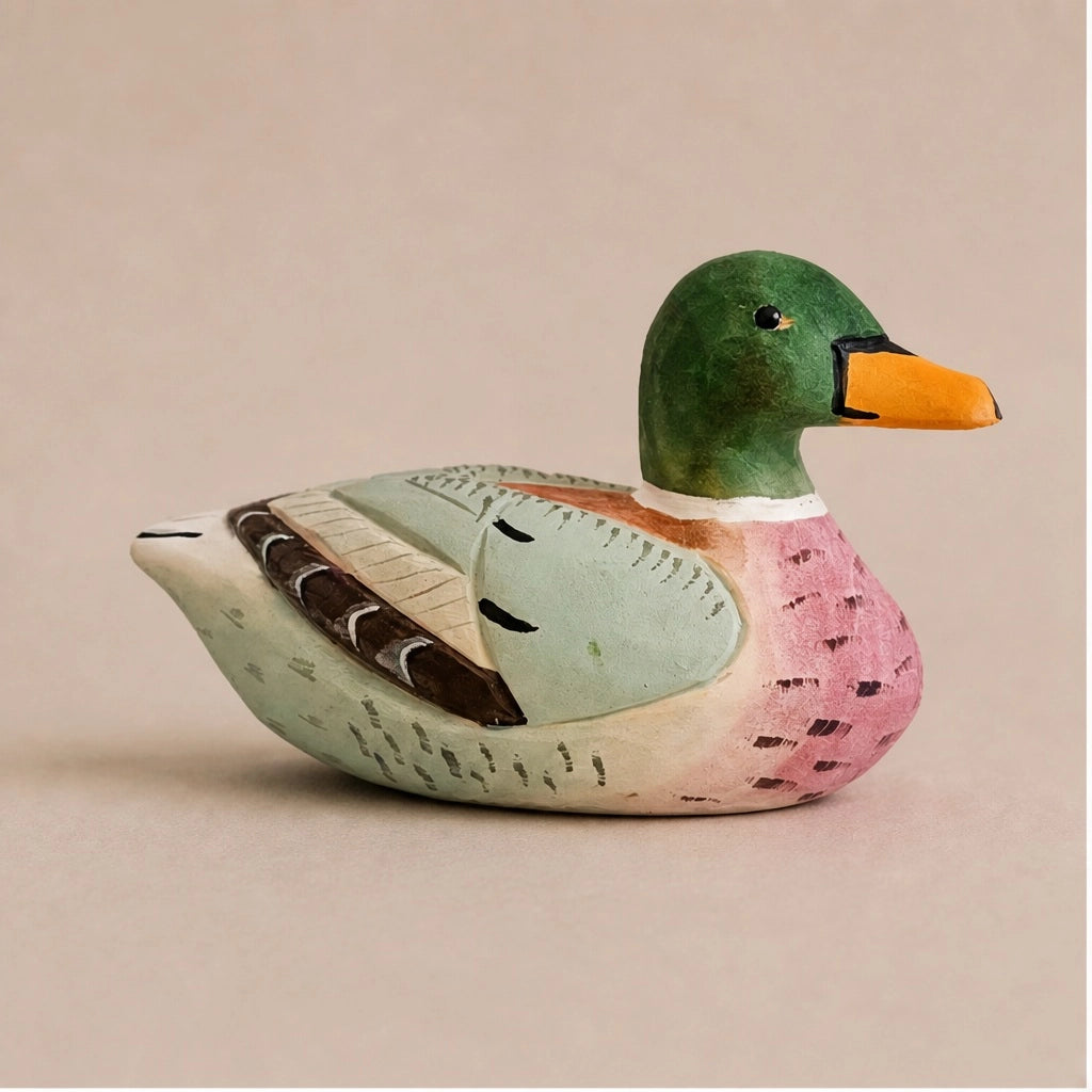 Pink hand-painted carved basswood duck by Faire, a charming accent for rustic and artisan-inspired spaces.