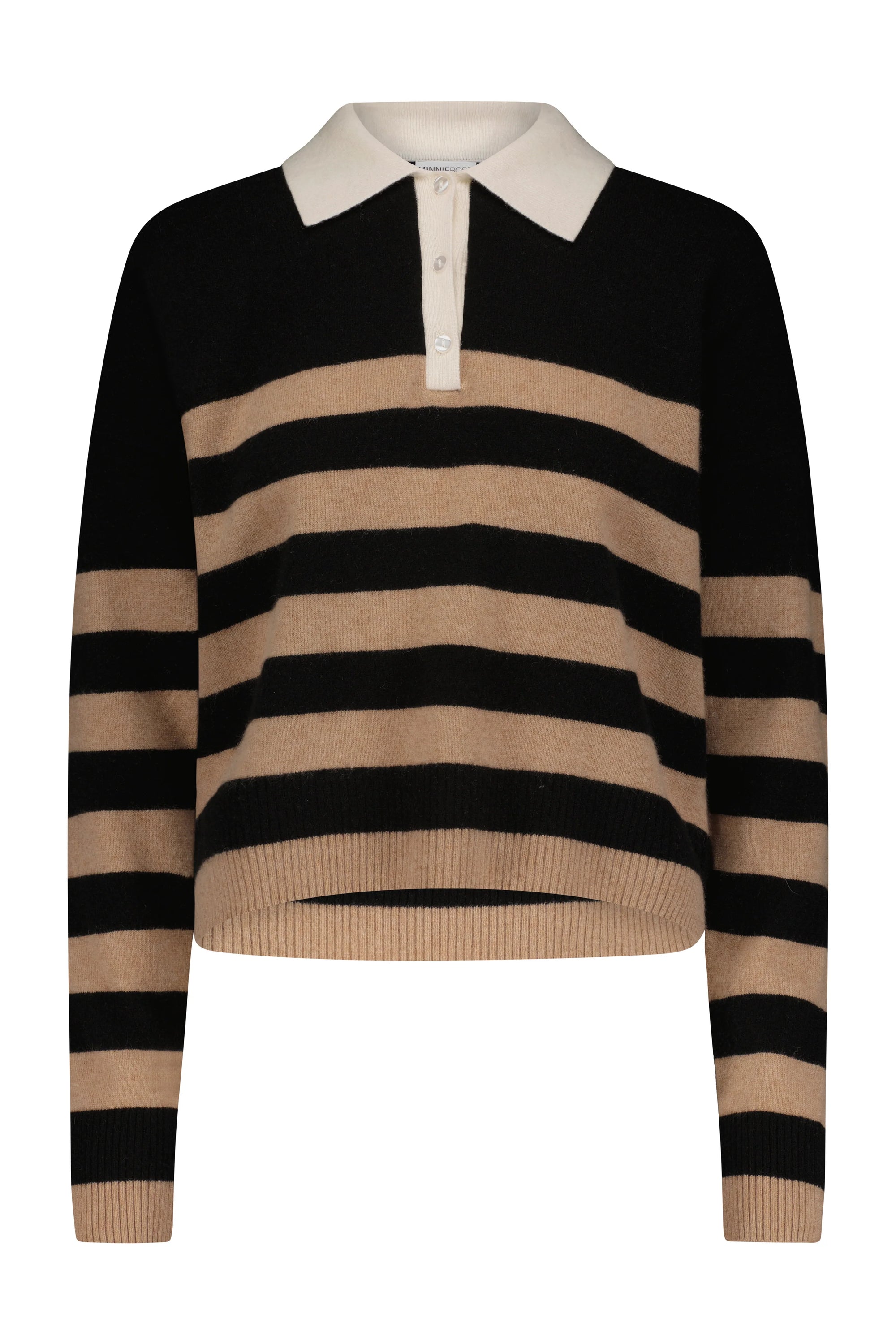 The Rugby Stripe Polo by Minnie Rose is a long-sleeved cashmere shirt, showcasing beige and black horizontal stripes with a white collared neckline and a front button placket. Ideal for semi-formal occasions.