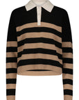 The Rugby Stripe Polo by Minnie Rose is a long-sleeved cashmere shirt, showcasing beige and black horizontal stripes with a white collared neckline and a front button placket. Ideal for semi-formal occasions.