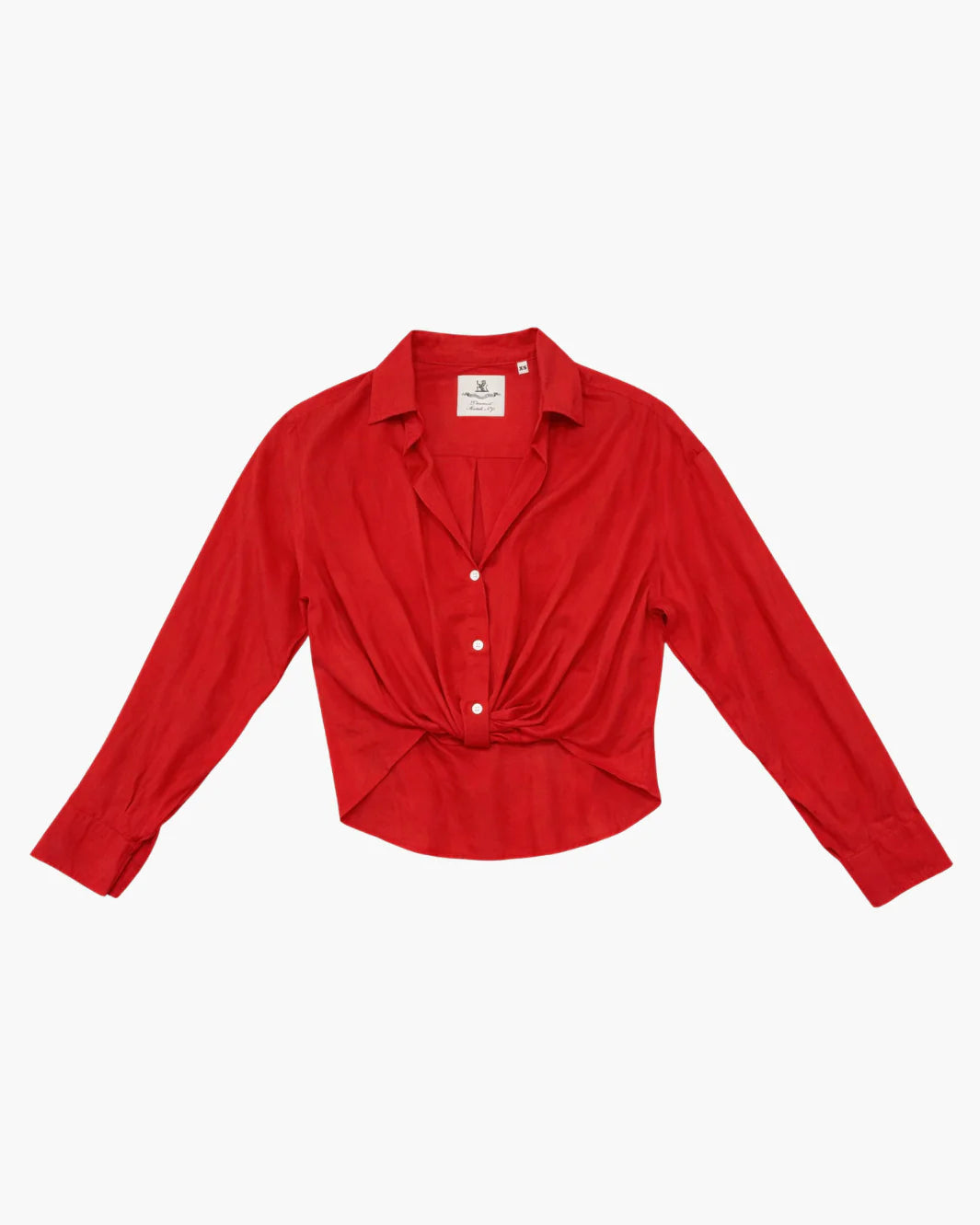 The SLIM TWISTED FRONT BEACH SHIRT by Denimist features a bright red hue, collared neckline, button-up front, twisted knot hem detail, and is crafted from a linen-cotton blend—all shown against a plain white background.
