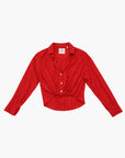 The SLIM TWISTED FRONT BEACH SHIRT by Denimist features a bright red hue, collared neckline, button-up front, twisted knot hem detail, and is crafted from a linen-cotton blend—all shown against a plain white background.