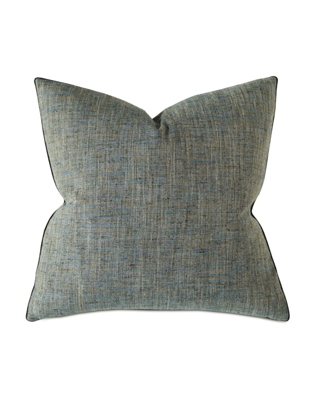 Introducing the ROWLEY WOVEN TEAL 22x22 decorative pillow from Eastern Accents, featuring a textured blue-gray fabric cover with subtle woven details and a slightly heathered appearance. This square pillow boasts a clean, minimalist design and is filled to maintain a plump, inviting shape.