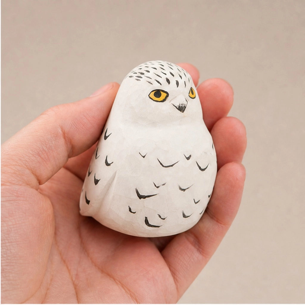 Faire white hand-carved songbird figurine held in hand, perfect for nature-inspired home decor.