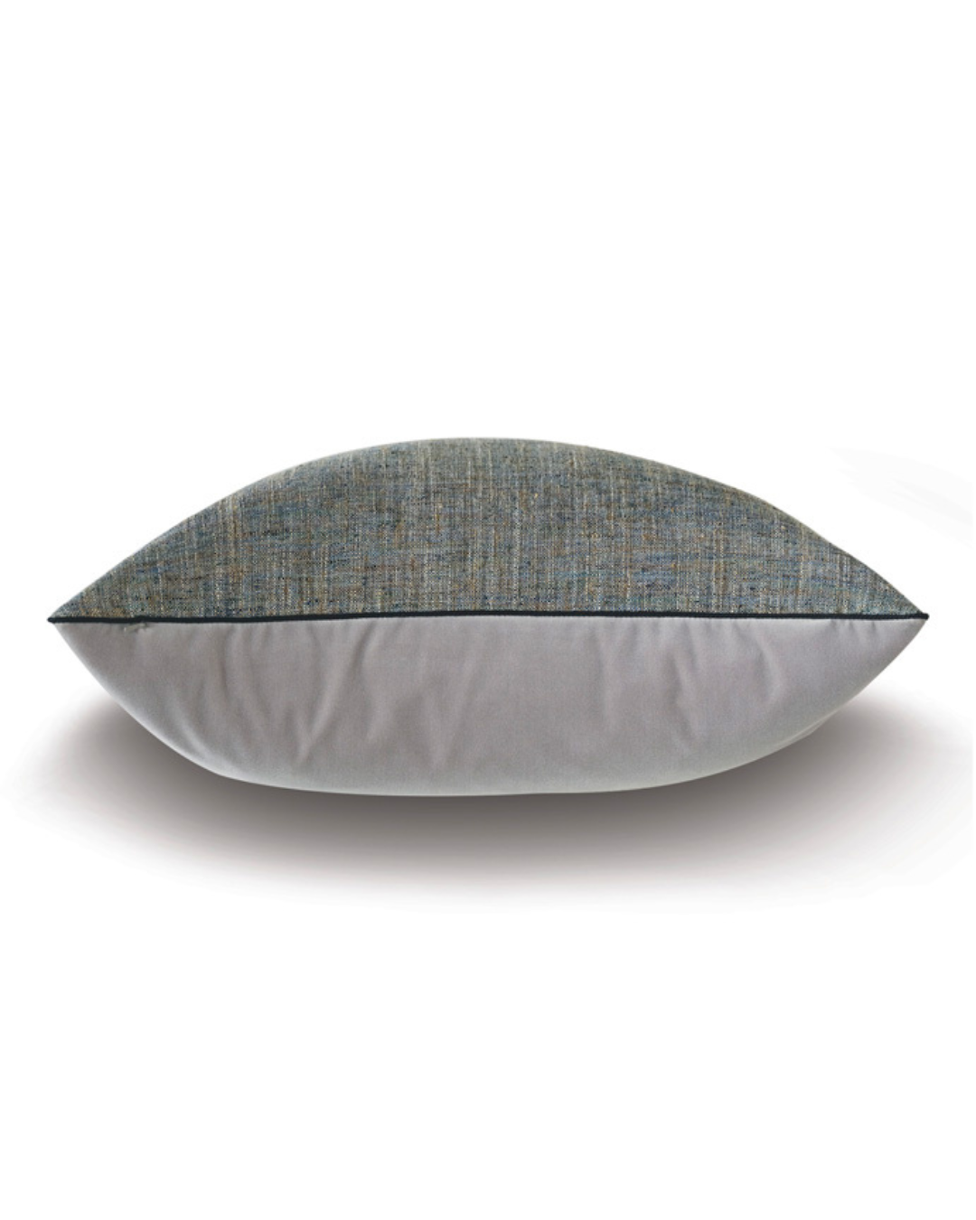 A rectangular, two-toned decorative pillow with a grey bottom and a textured, blue-green top. The cushion is shown from a side view, highlighting its contrasting fabric design and plush appearance, thanks to the down feather insert that adds both comfort and elegance. This is the WOVEN DECORATIVE PILLOW IN TEAL 22x22 by Eastern Accents.