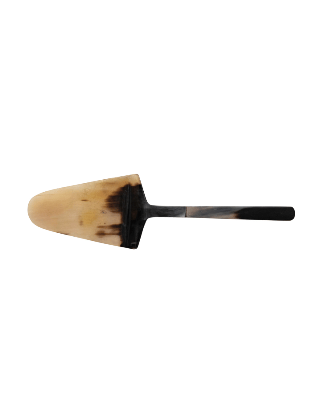 A horn-handled cheese knife with a triangular blade, isolated on a white background in a Creative Co-op bungalow.