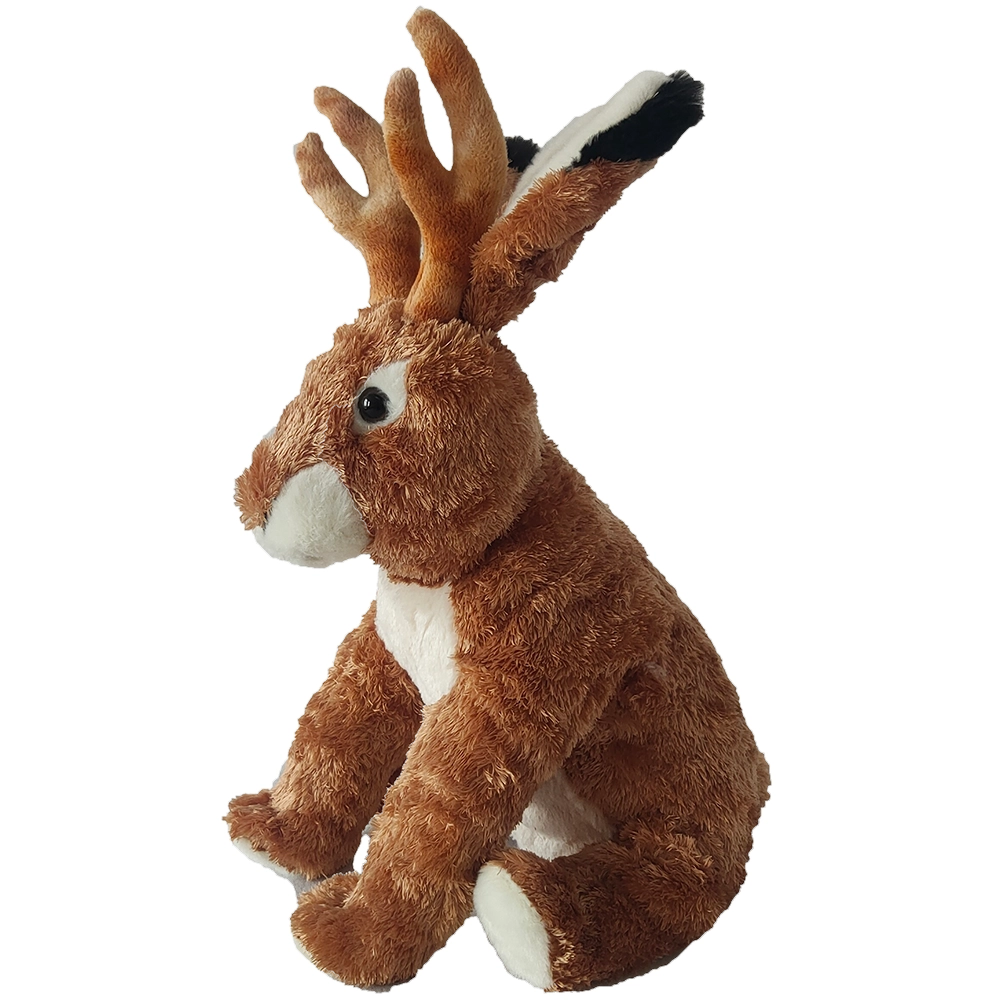 The Faire Jackalope Stuffed Animal is a soft, brown and white plush toy with long bunny ears and antlers, shown sitting upright against a white background.