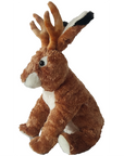 The Faire Jackalope Stuffed Animal is a soft, brown and white plush toy with long bunny ears and antlers, shown sitting upright against a white background.