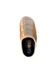 A single gold quilted Coma Toes puffy slipper by Faire, featuring a black insole with stylized branding, shown from above on a white background.