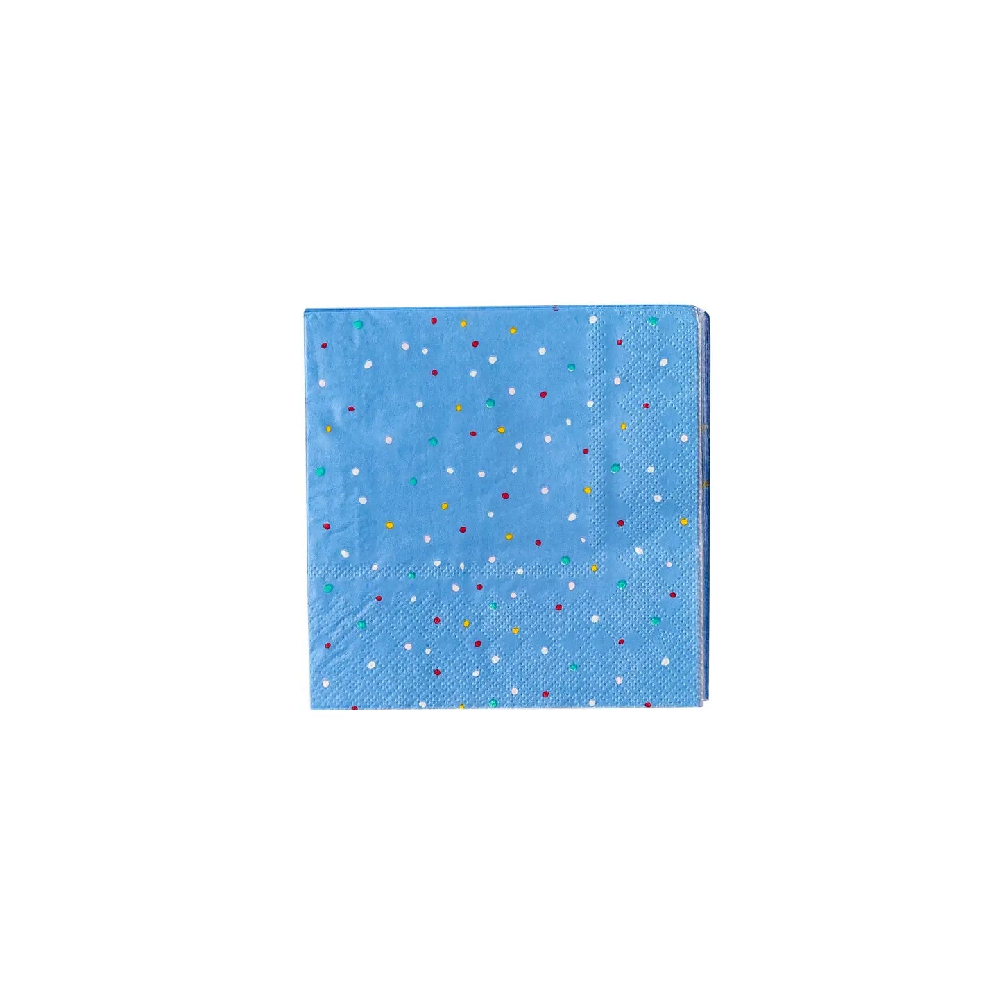 The MME Napkin by Faire features a pattern of small, colorful dots evenly spread across its blue surface. It is neatly folded into a square and placed against a white background.