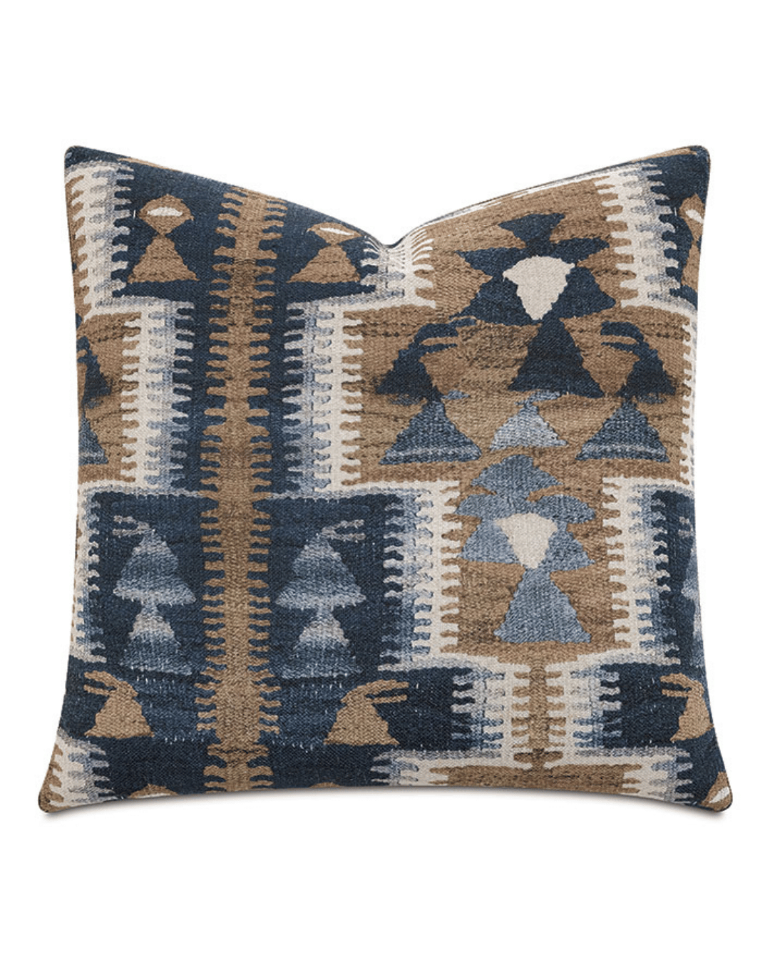 Decorative pillow featuring a geometric pattern in shades of blue, beige, and brown. The design includes symmetrical shapes and bungalow-inspired motifs.

Product: Eastern Accents HIG Graphic Decorative Pillow
