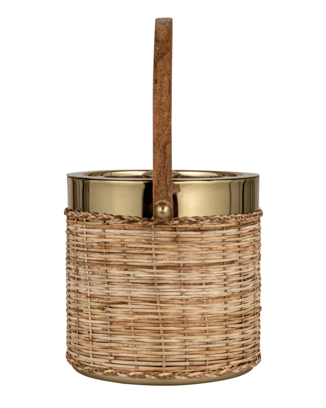 The Creative Co-op Stainless Steel & Woven Rattan Ice Bucket with Mango Wood Handle elegantly blends rustic and modern elements. Its natural textures paired with metallic accents and a gold finish elevate it beyond a simple rattan ice bucket.