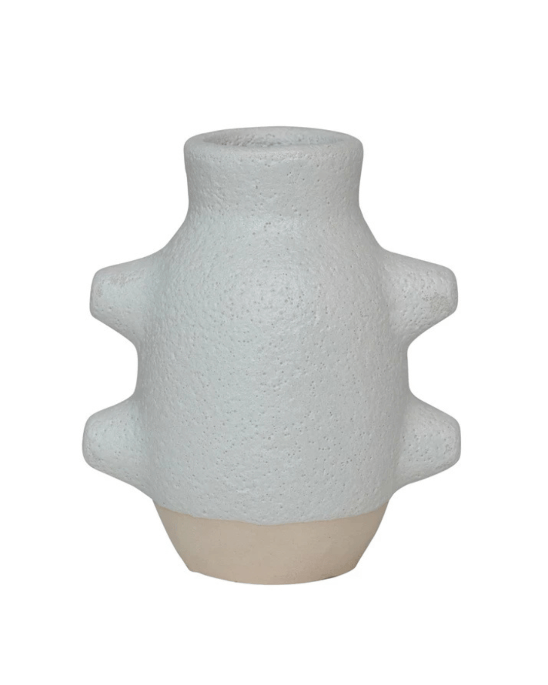 Creative Co-op's Ceramic Caterpillar Vase features a textured light gray stoneware with a matte volcano finish, multiple knobs on its abstract shape, a narrow neck, slightly wider base, and an exposed ceramic section at the bottom.