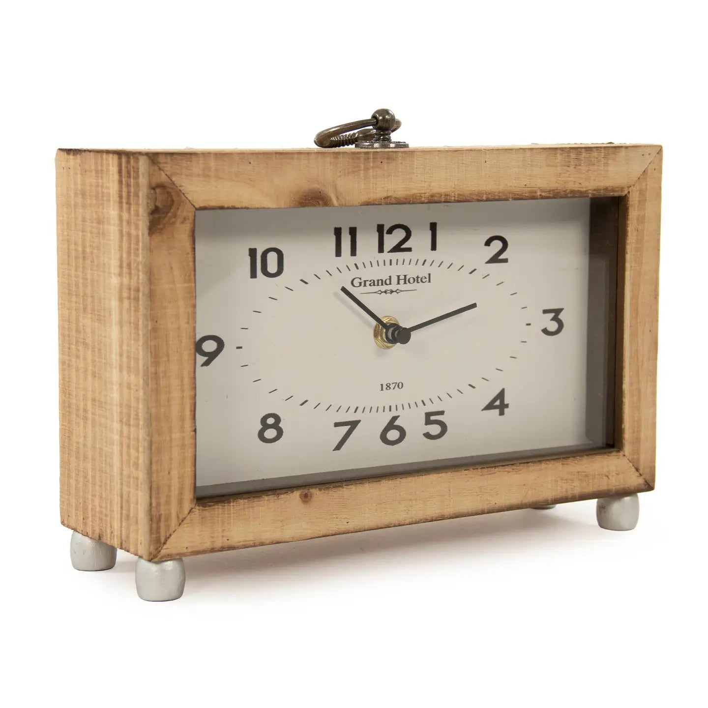 The Zentique Wooden Clock is a rectangular wooden table clock featuring a white face with black numbers and hands, standing on four small silver knob legs. The clock displays the time 10:13.