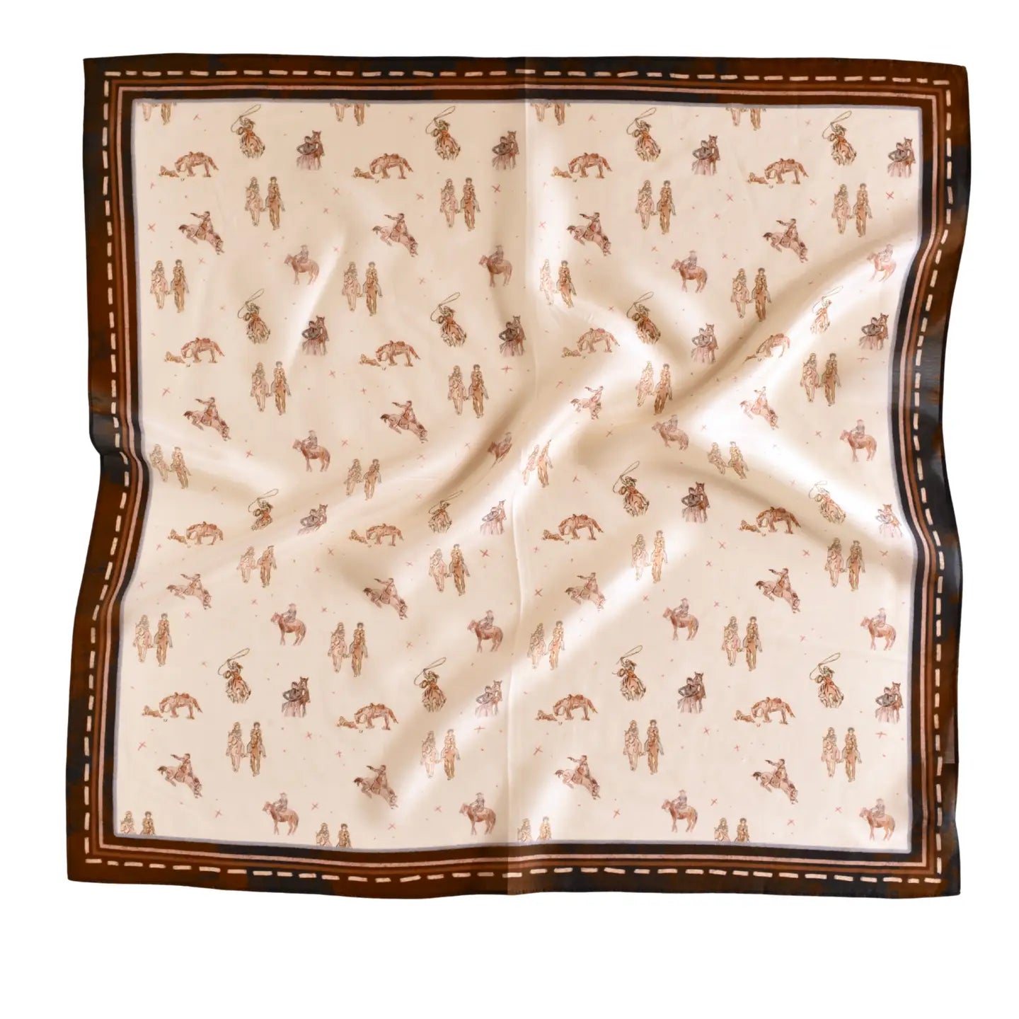 The Faire Wild Rag Silk Scarf features a cream background, brown border, and repeating horses and trees print. Its gently wrinkled silk adds charm, making it a stylish cowgirl accessory.