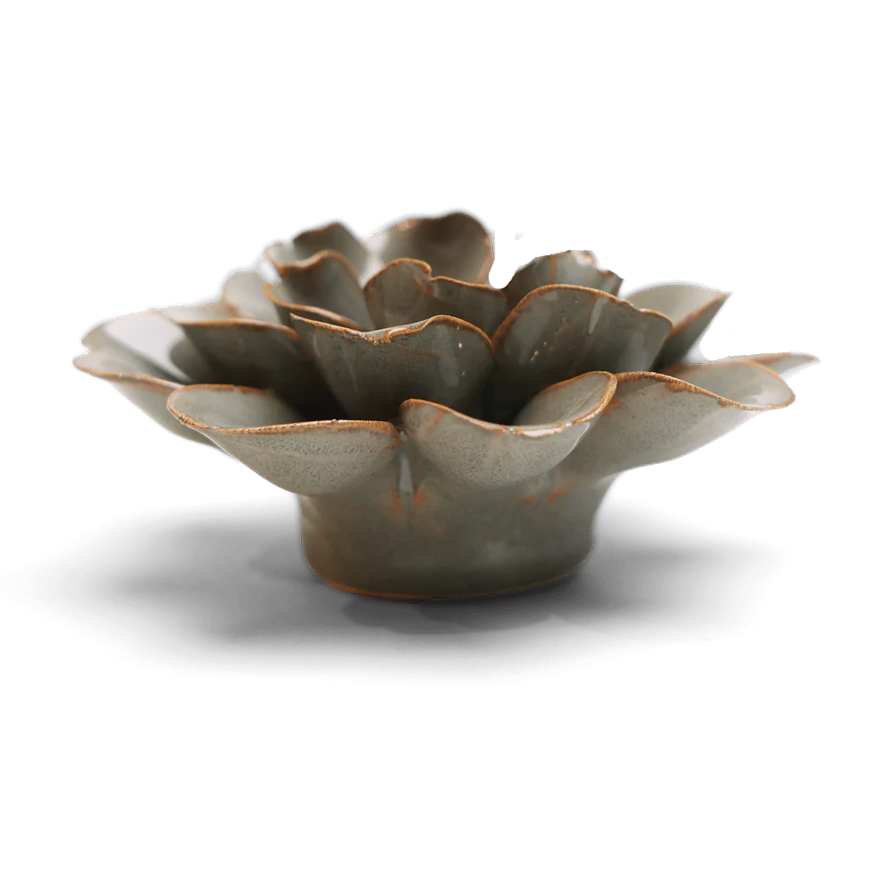The Moss Grey Oxeye Daisy by Chive Ceramics (thru Faire) is a ceramic bowl with overlapping gray petals and brown-tinted edges, capturing floral charm—ideal as flower decor for your home, shown on a plain white background.