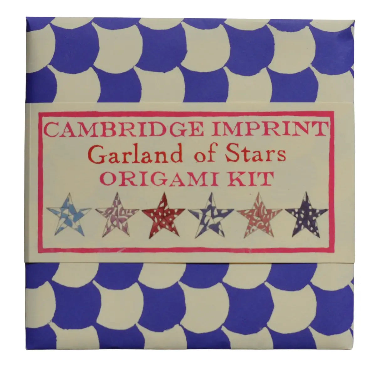 A square package with a blue and white scallop pattern features the "Origami Star Garland" by Faire. The label displays five patterned origami paper stars along the bottom in different designs.