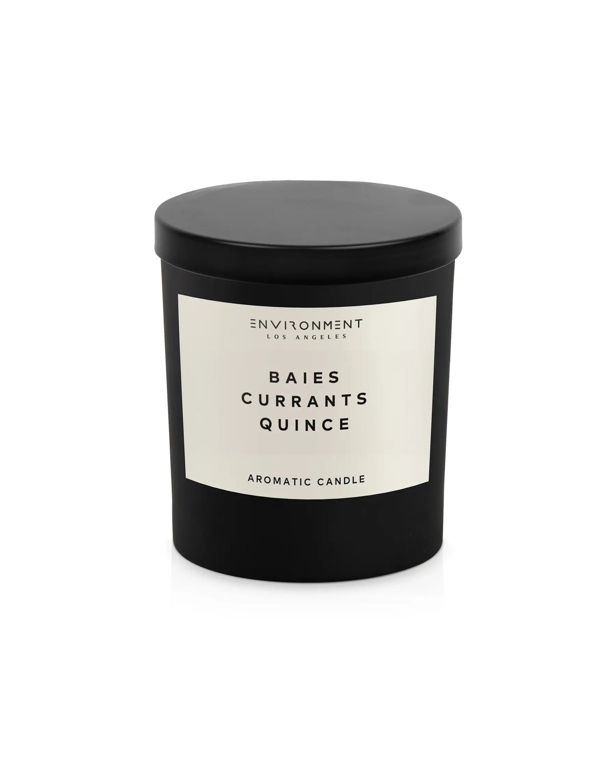 A black 8 OZ Candle With Lid by Faire features a white label and sits against a plain white background, inspired by diptyque style.