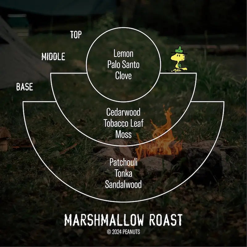 The "Marshmallow Roast" diagram displays scent notes: Top (Lemon, Palo Santo, Clove), Middle (Cedarwood, Tobacco Leaf, Moss), Base (Patchouli, Tonka, Sandalwood). With a campfire backdrop and crafted from soy wax with fine fragrance oils in apothecary amber jars by Faire's Limited For Peanuts™– Standard Candle.