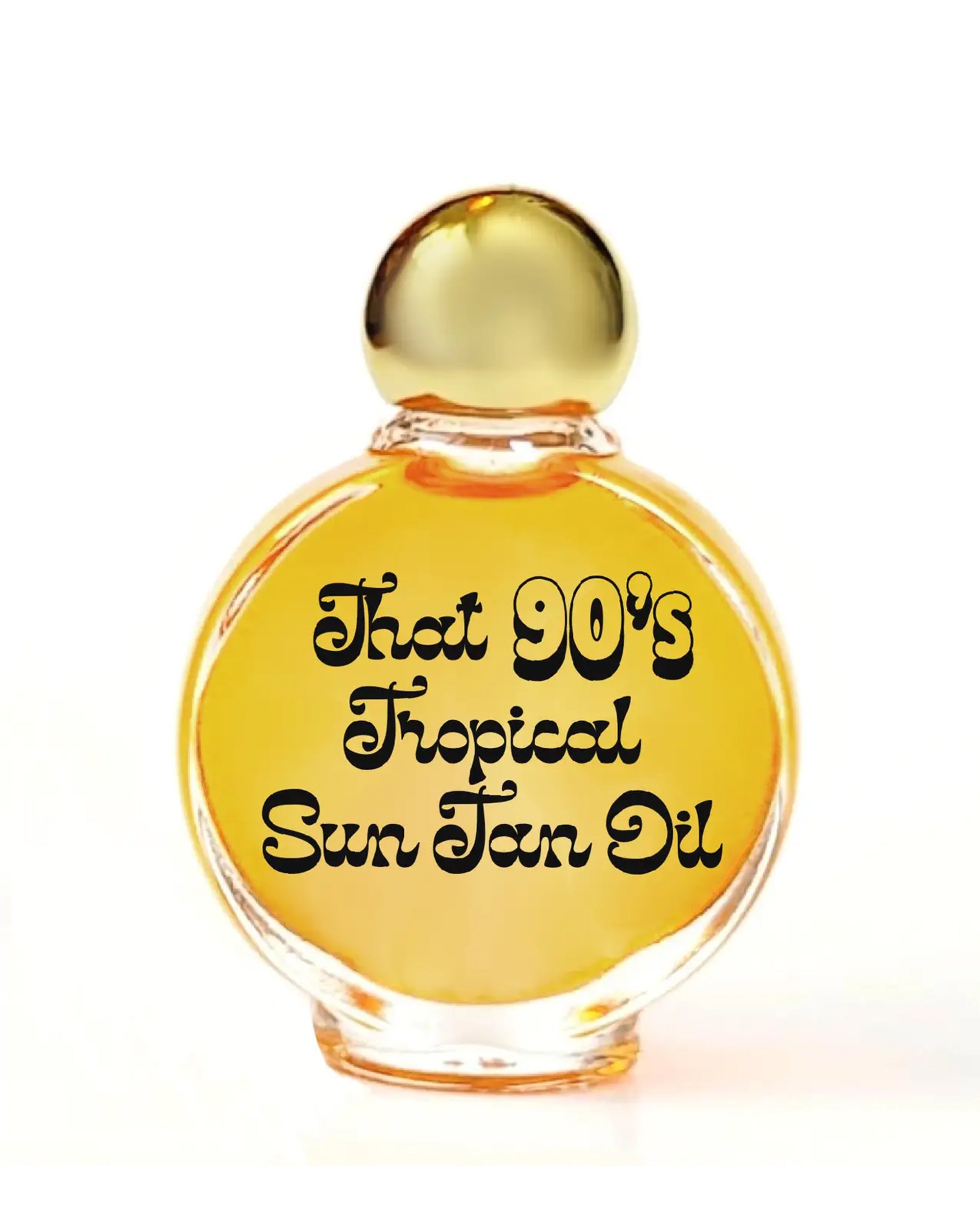 A round perfume bottle with a gold cap holds WYS That 90s Sun Tan Oil by Faire, filled with yellow liquid. The playful label and coconut infusion offer an irresistible, retro beach vibe.