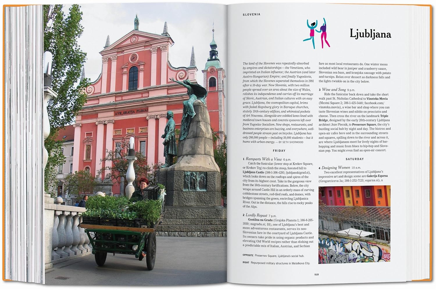 A person in Ljubljana pushes a plant cart near the pink Franciscan church. The right page of New York Times 36 Hours Europe by Ingram Book Company shows vibrant illustrations and inspired travel itineraries.