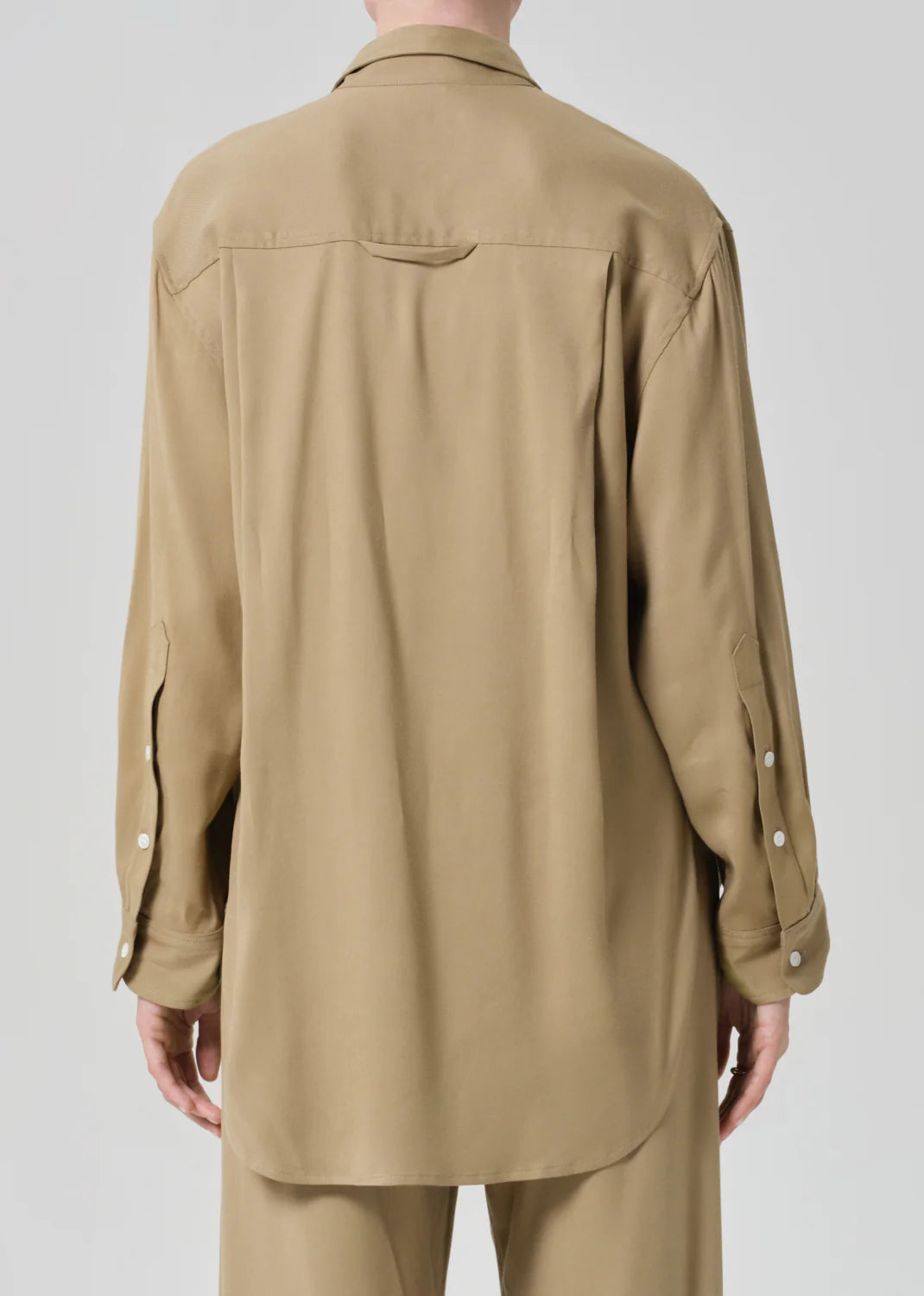 A person is shown from the back against a plain light background, wearing the Citizens Of Humanity/AGOLDE kayla shirt in portofino twill with matching pants in a relaxed silhouette and long sleeves.