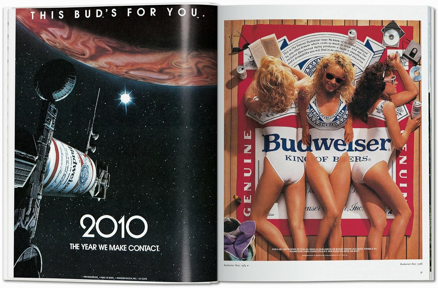 A two-page spread from All American Ads of the 80s (Ingram Book Company): A Budweiser-labeled spacecraft floats by a planet with "2010 THE YEAR WE MAKE CONTACT," opposite three women in swimsuits on a Budweiser towel—pure 1980s nostalgia.