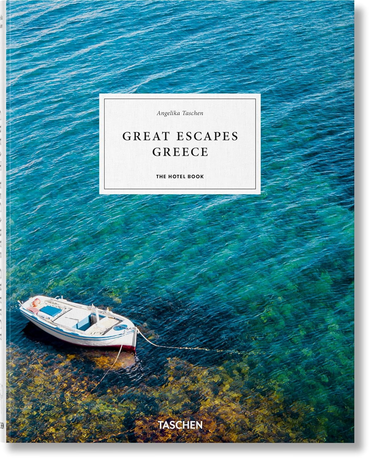 The cover of "Great Escapes Greece: The Hotel Book" from Ingram Book Company displays a small boat on a vibrant blue and green sea with vivid underwater textures, enticing readers to discover Greece's luxury hotels and rich culture.