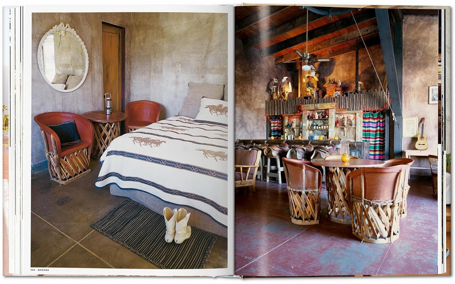 Two pages from "Great Escapes USA" by Ingram Book Company display rustic Southwestern interiors: a cozy bedroom with leather chairs and a dining area with a bar, vibrant blankets, and cowboy decor—unique stays across the country.