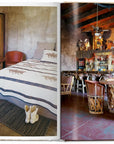 Two pages from "Great Escapes USA" by Ingram Book Company display rustic Southwestern interiors: a cozy bedroom with leather chairs and a dining area with a bar, vibrant blankets, and cowboy decor—unique stays across the country.