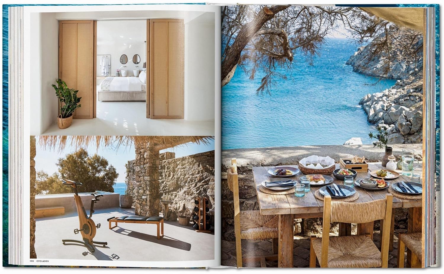 A spread from Great Escapes Greece The Hotel Book by Ingram Book Company displays a bright bedroom, a home gym with stationary bike, and a rustic outdoor dining area overlooking stunning rocky coastline and blue sea views.
