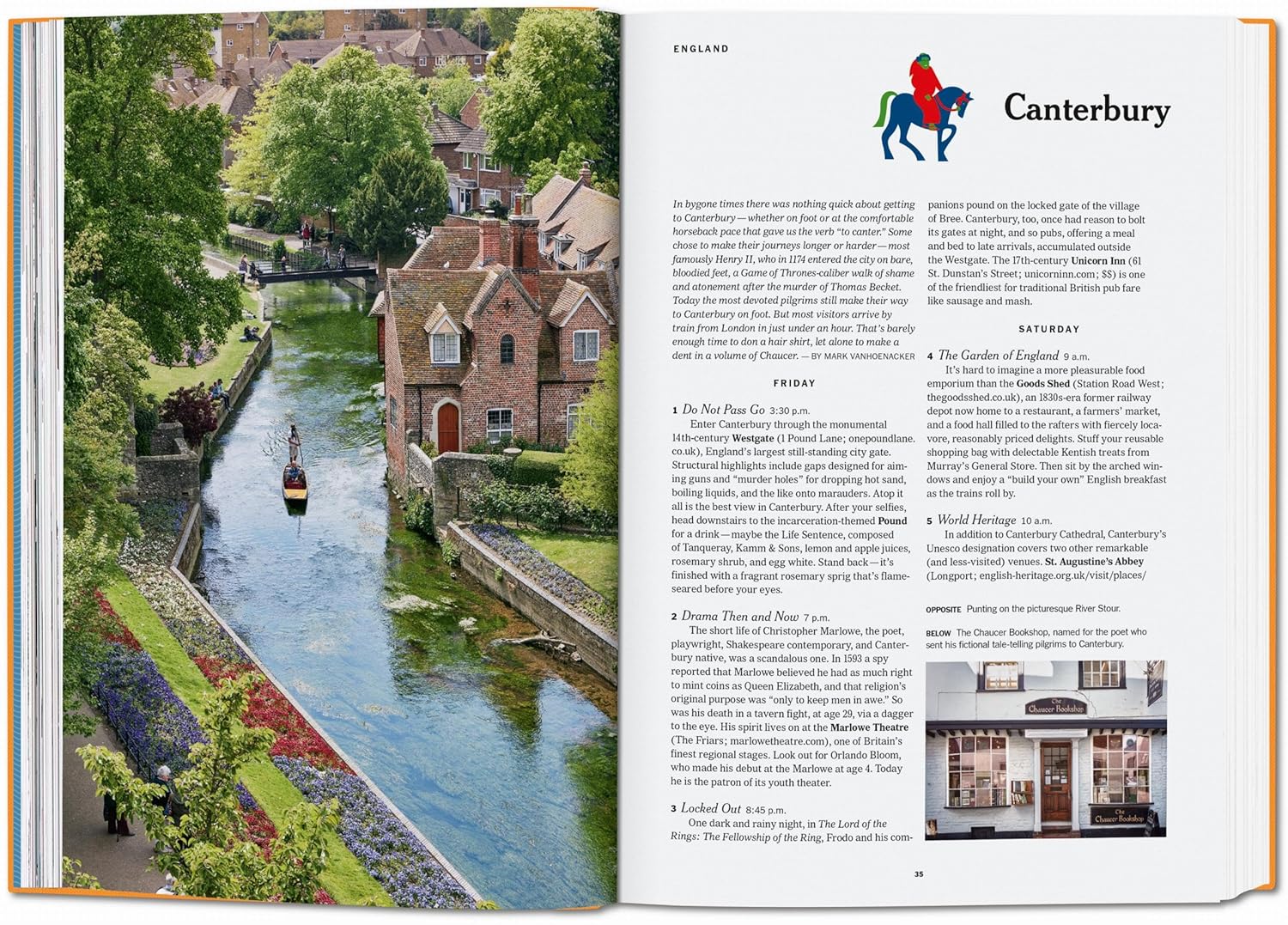 An open book from Ingram Book Company’s "New York Times 36 Hours Europe" shows a scenic canal with boats, historic buildings, and bright flowers. The opposite page highlights Canterbury with photos of a shop and a colorful horse graphic.